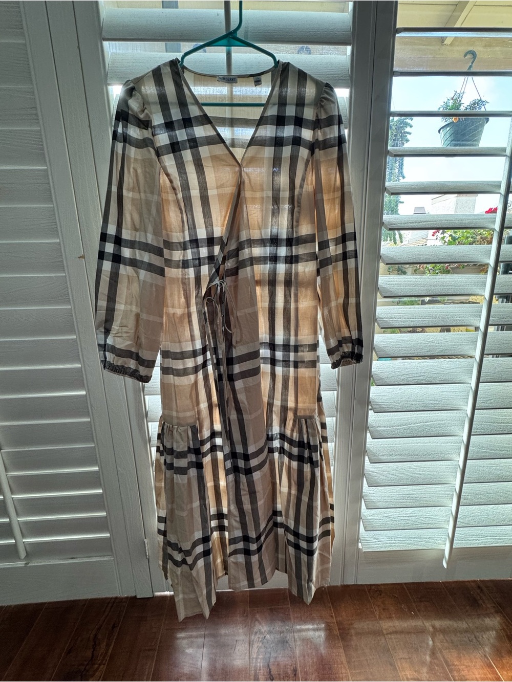 Burberry Beige Plaid Midi Wrap Dress with Black & White Stripes